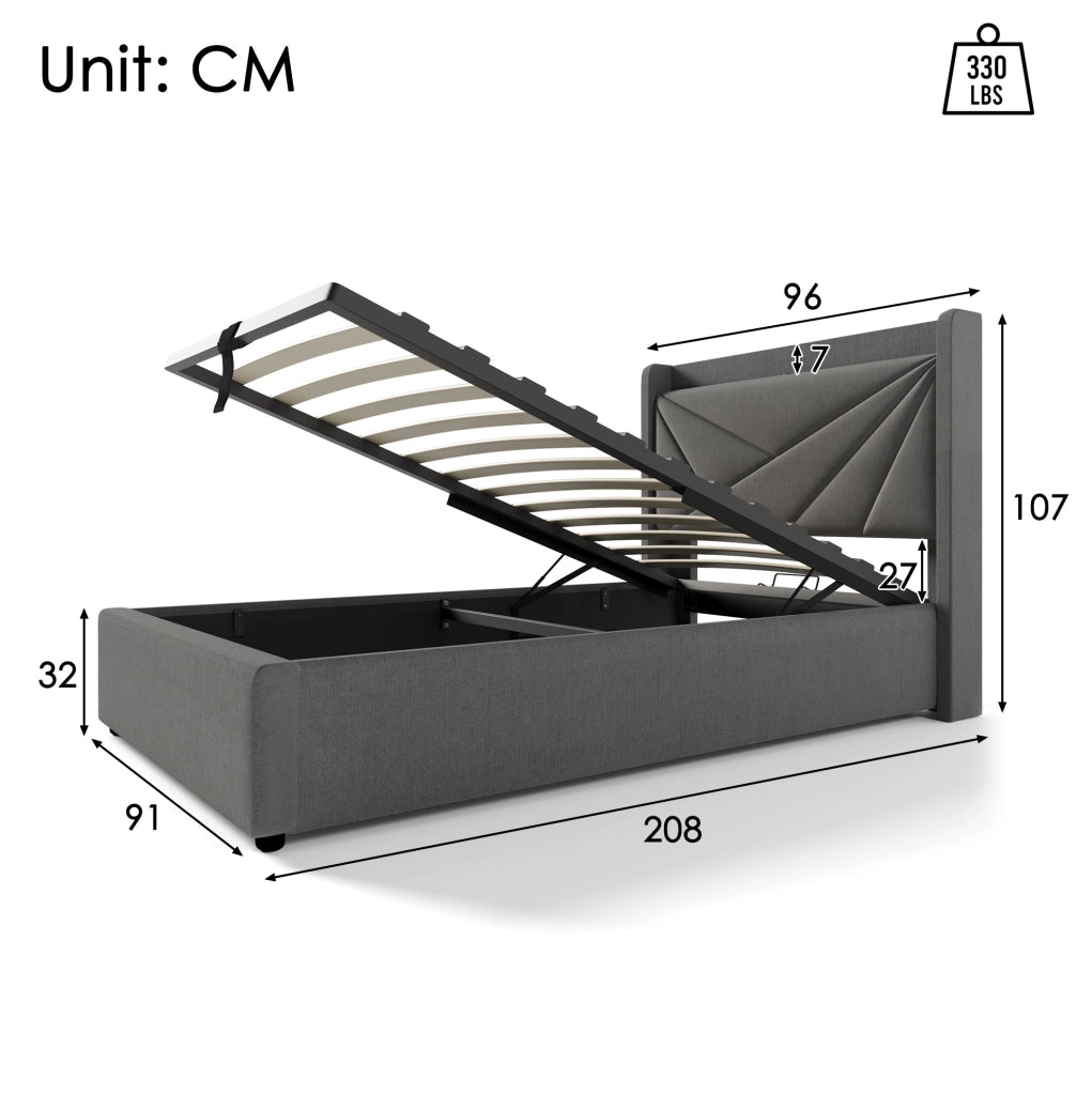 Letto singolo 90x200 cm grigio con contenitore, USB-C e materasso