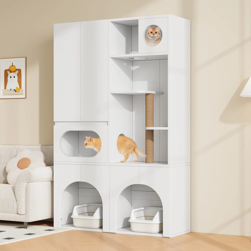 Mobile coperto per lettiera per gatti con tiragraffi e ripiani, per gatti e cani, in MDF, bianco, 140 × 45 × 195 cm