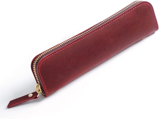 Etui in pelle di vetro - penna - pennarelli e pennelli in pelle di vetro con 4 anelli per pennarelli e chiusura a zip per matite - pennarelli - pennelli ecc. - colore vino - pelle borghignona