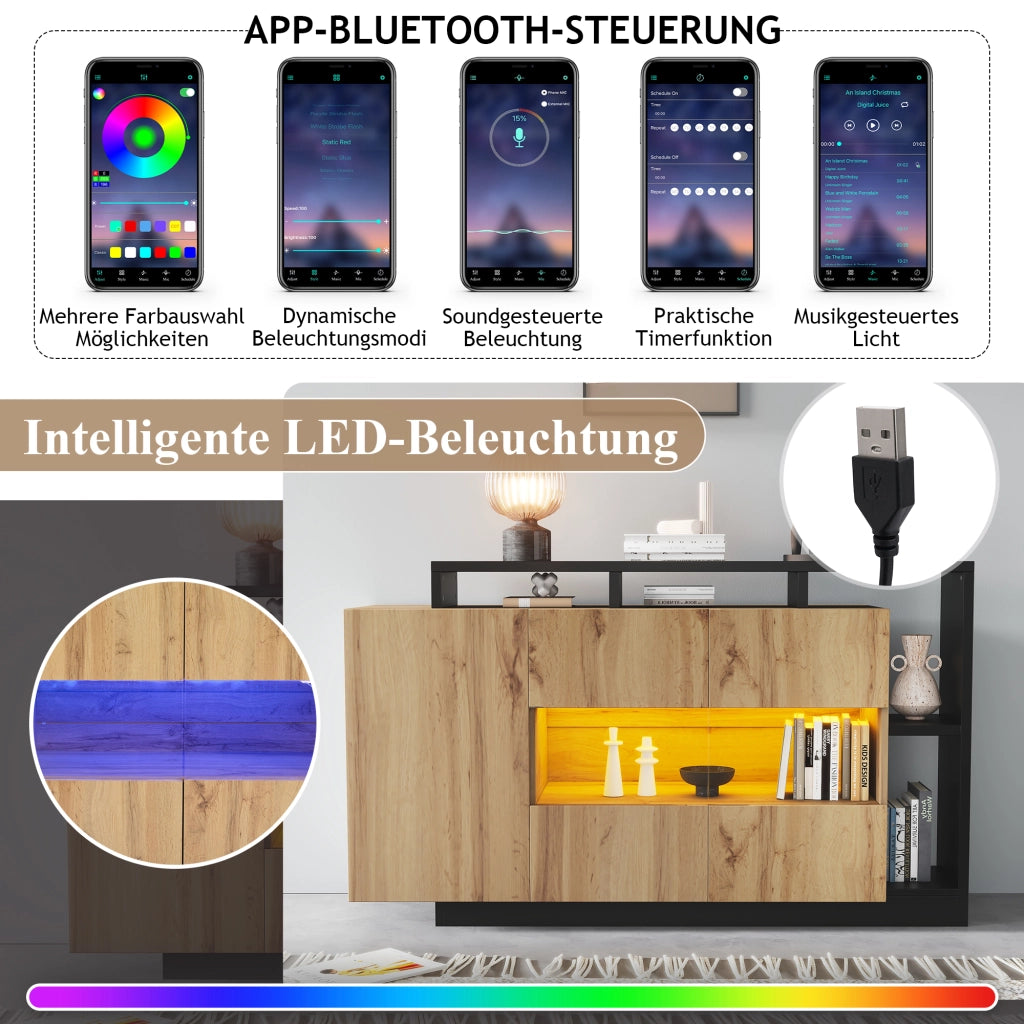 MADIA LED 140x44x93,5 cm MDF color legno con controllo Bluetooth