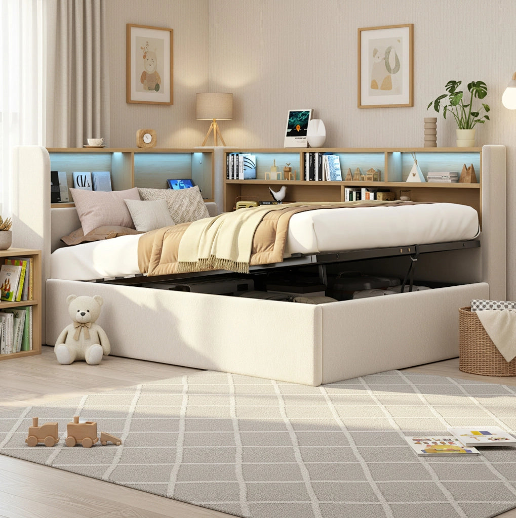 Tagesbett 90x200 cm con contenitore idraulico; LED; USB e USB-C; velluto beige