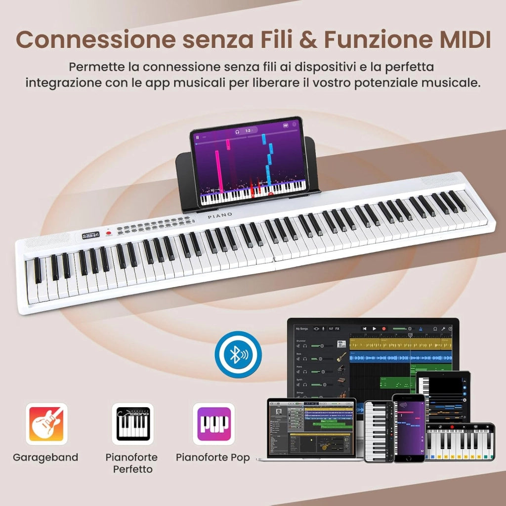 Pianoforte Elettronico Pieghevole a 88 Tasti, Piano Digitale con MIDI, 1000 Ritmi, 1000 Timbri, 150 Canzoni Demo, Registrazione, Batteria e Borsa da Trasporto per Bambini, Adulti (Bianco)
