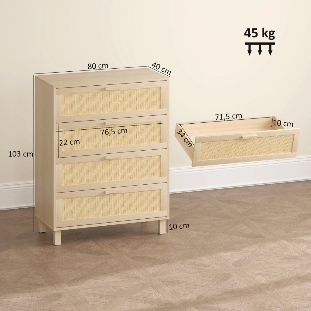 Cassettiera 4 cassetti con cannage in rotin ¨C Xylo ¨C 80x40x103 cm legno chiaro MDF