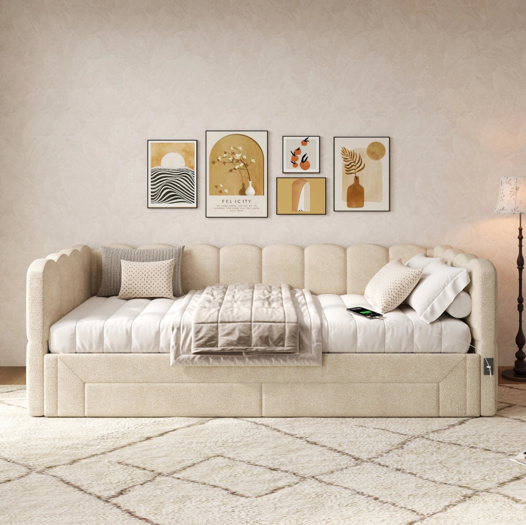 Daybett ausziehbar auf 180x200 cm mit 2 Schubladen; USB- und Typ-C-Anschluss; Chenille beige