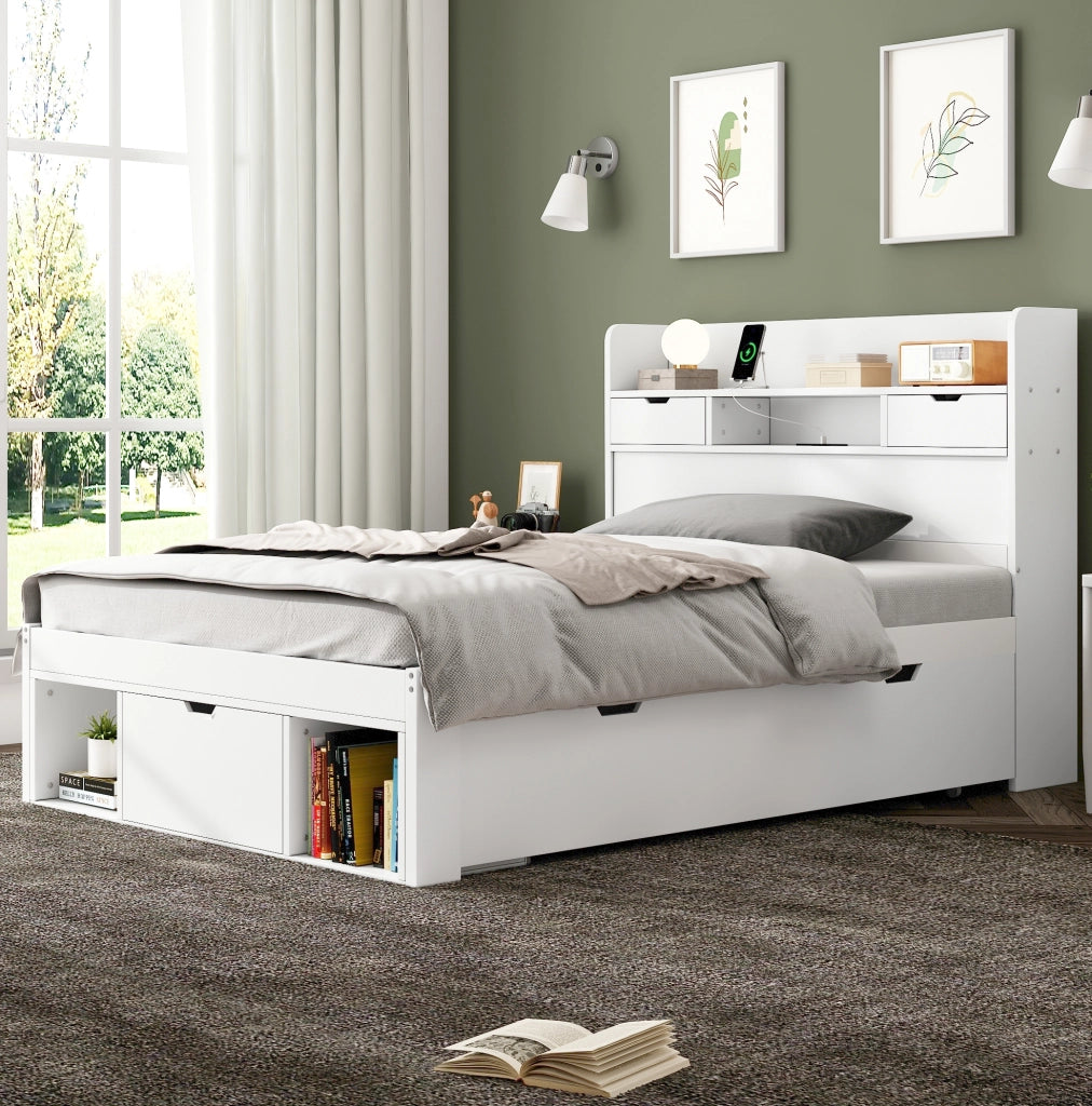 Letto singolo 90x200 cm con USB e grande spazio; pino e MDF; bianco (Senza materasso)