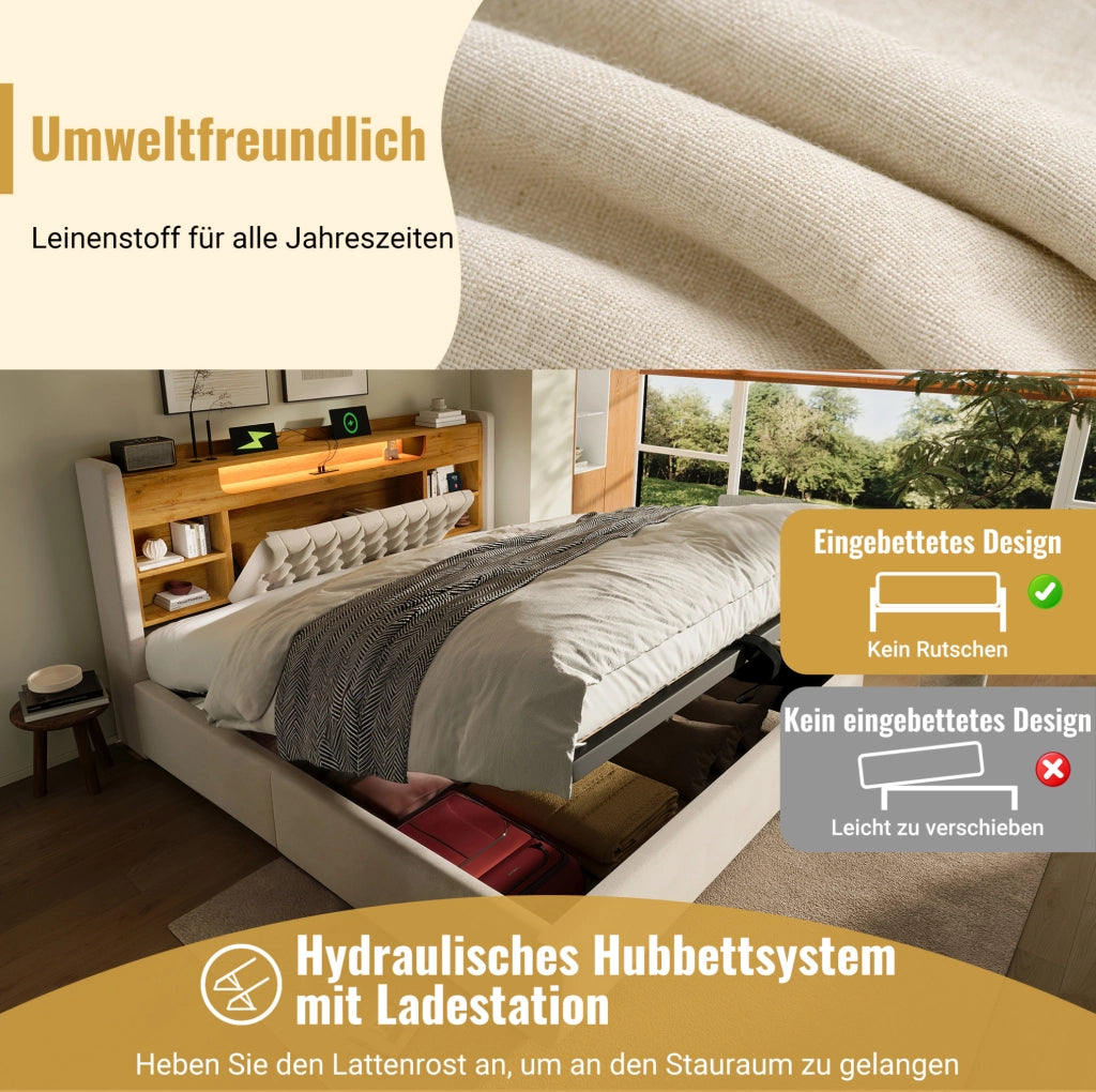 Letto singolo 90x200 cm con vano idraulico, LED e USB-C beige