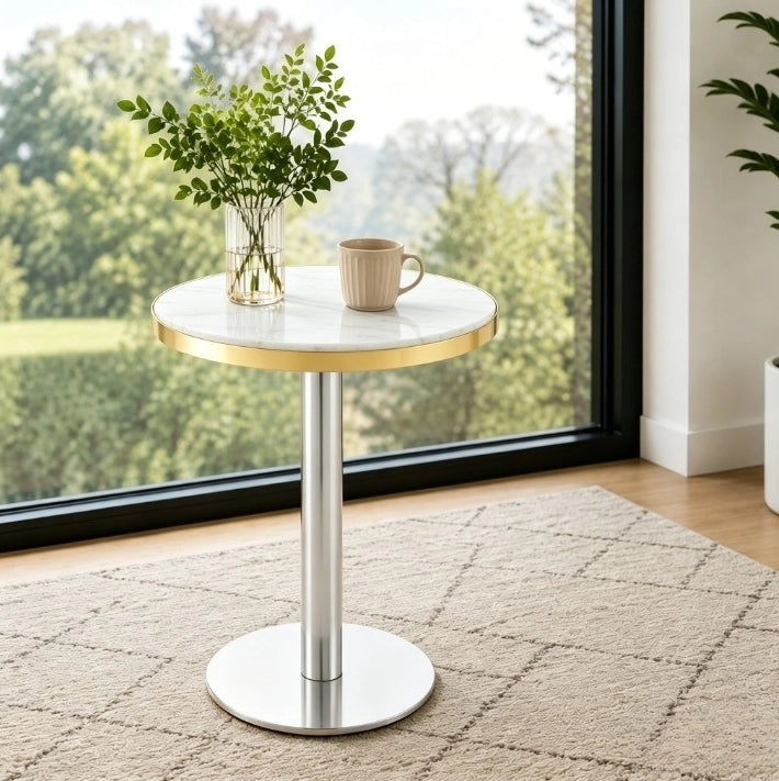 Tavolino rotondo con piano effetto marmo bianco; struttura in metallo; 60x73;7 cm