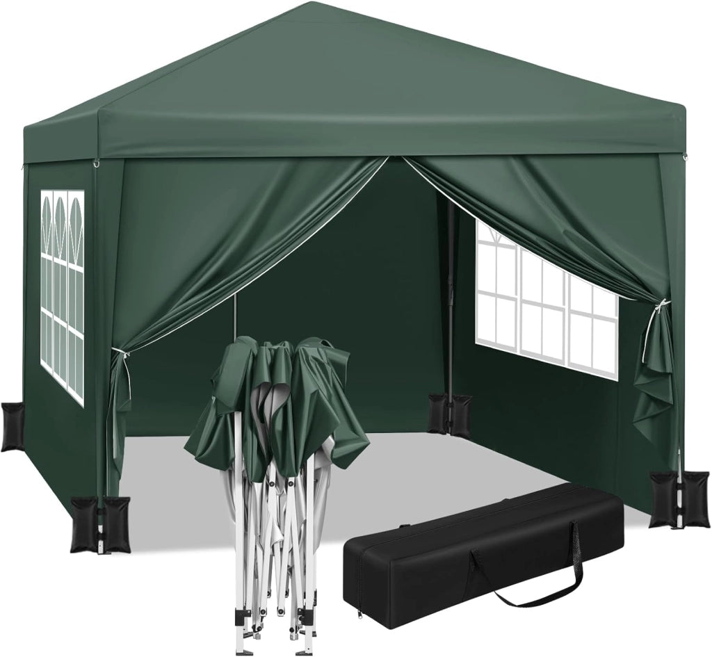Gazebo da Giardino Richiudibile 3x3m Gazebo da Esterno in Ferro Regolabile in Altezza Tendone Pieghevole con Telo Impermeabile,Set di 4 Sacchi di Sabbia, Facile da Montare Verde