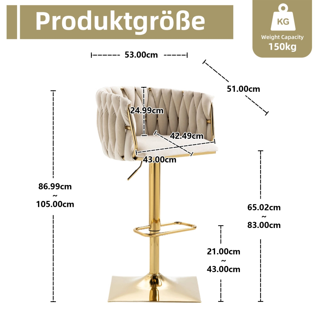 Sgabello da bar girevole 360° in velluto avorio, altezza regolabile con schienale ergonomico e poggiapiedi