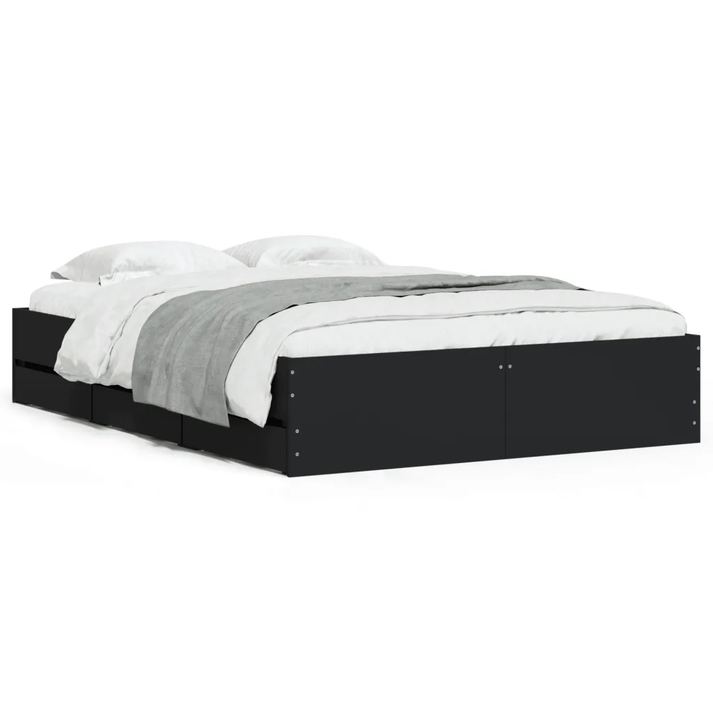 Letto matrimoniale | Letto per adulti | Giroletto con Cassetti Nero 120x190 cm in Legno Multistrato