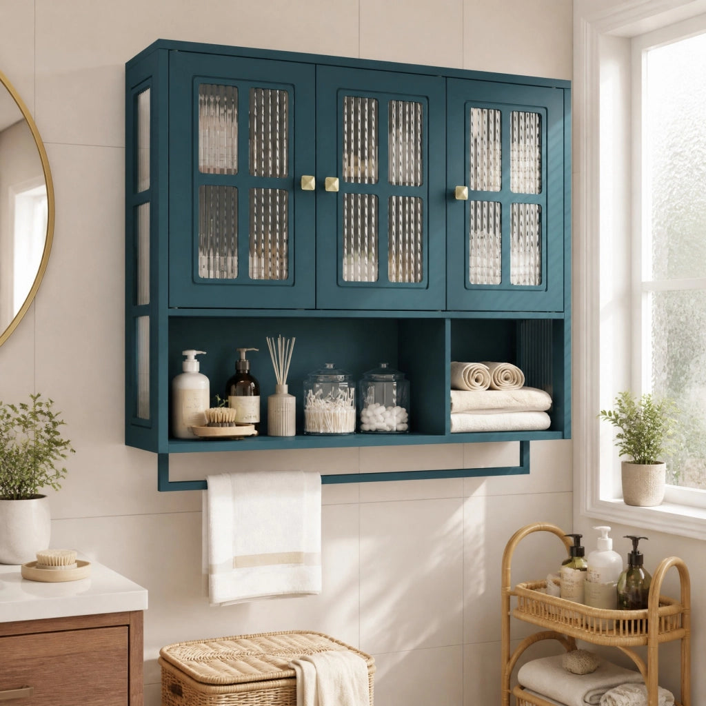 Pensile da bagno a 3 ante con ripiani aperti e chiusi in MDF e vetro temperato verde scuro 88 × 26 × 82,5 cm