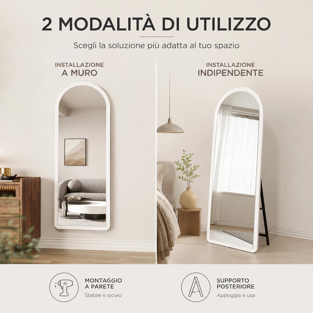 Specchio Arco Doppia Installazione Bianco Parete o Indipendente Moderno 160x50cm