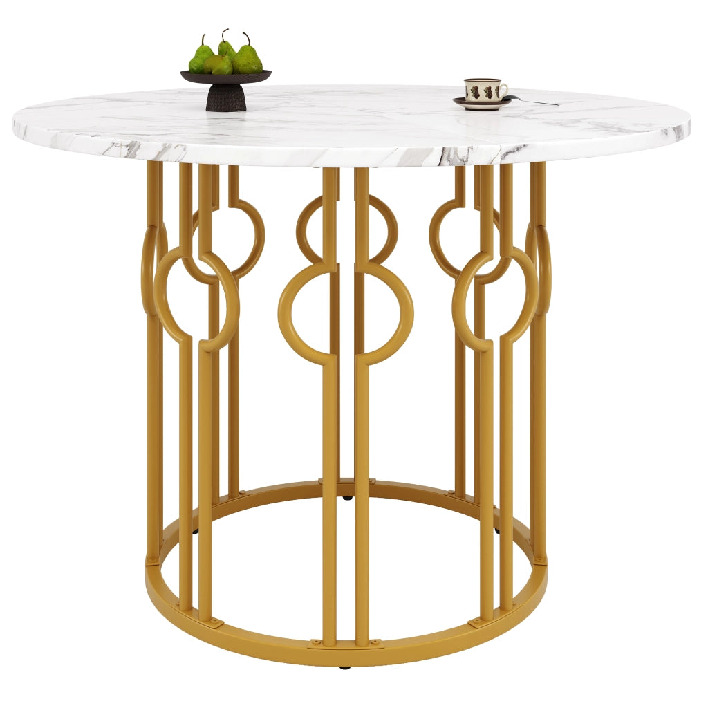 Tavolo da pranzo rotondo con piano in MDF e gambe in ferro, piedini regolabili, per cucina e soggiorno, bianco dorato, 100 × 100 × 76 cm
