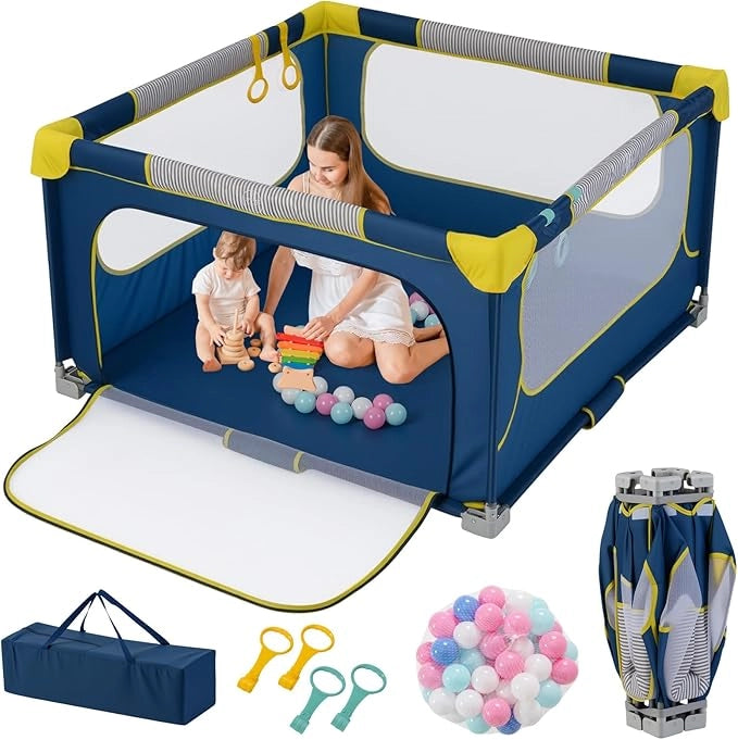 Box per Bambini 127 x 127 cm, Recinto per Bambini Pieghevole in Tessuto Oxford con Rete Traspirante, Box con Giochi che Include 50 Palline, 4 Pezzi Anelli e Borsa (Blu, 127 x 127 cm)