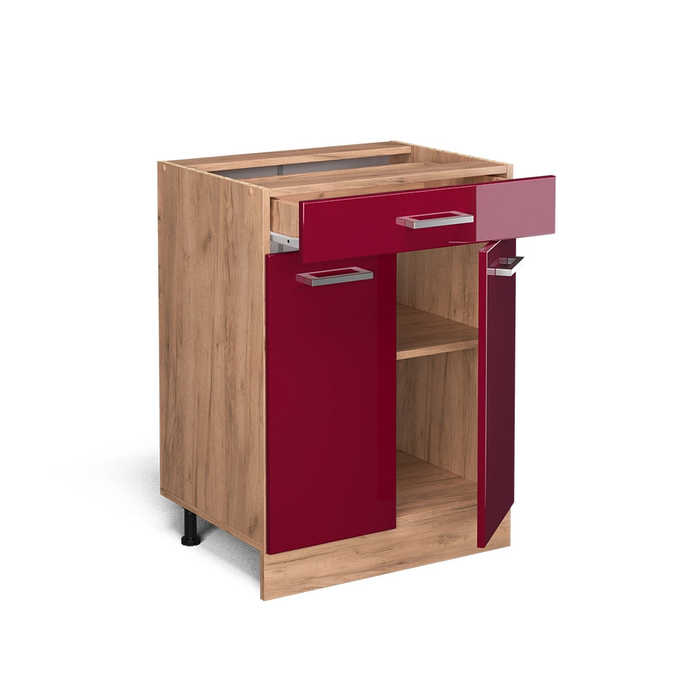Vicco Mobiletto base per cucina Rosso lucido 60 cm con cassetto, PL Rovere