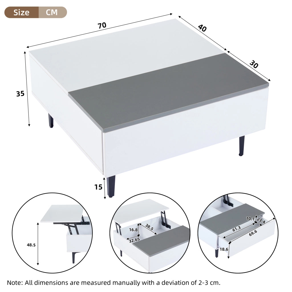 TAVOLO ALZABILE 70x70x35 cm MDF Bianco e Grigio con LED