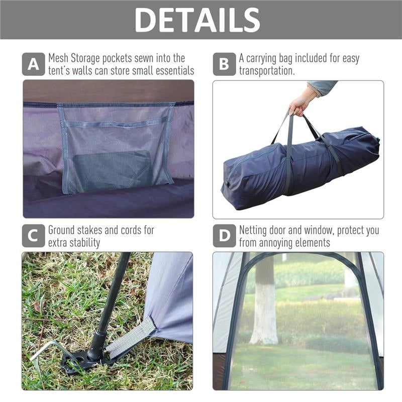 TENDA DA CAMPEGGIO 4 POSTI CON APERTURA AUTOMATICA E ACCESSORI, IN ACCIAIO E TESSUTO OXFORD, GRIGIA E NERA