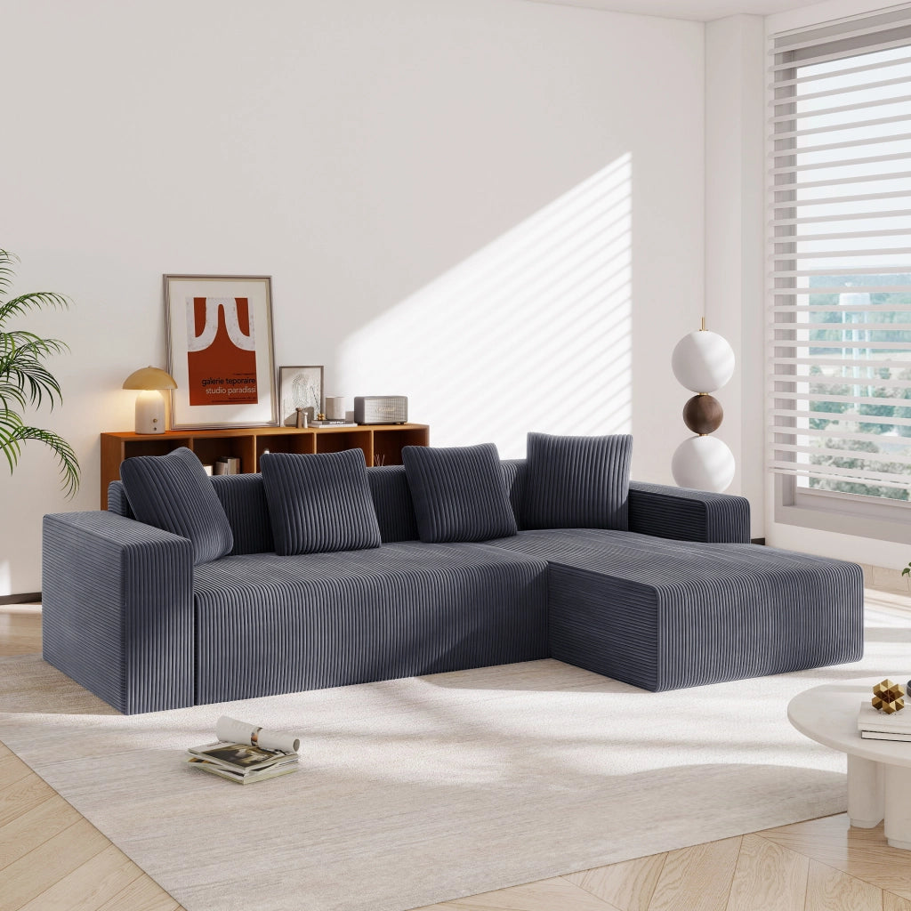 Divano modulare ad angolo con chaise longue, seduta profonda e 4 cuscini, in velluto a coste, Grigio