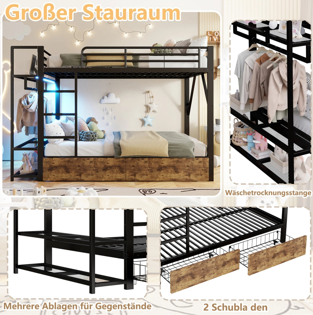 Letto a castello 140x200 cm in metallo e MDF; 2 cassetti; ripiani; LED; asta appendiabiti; nero