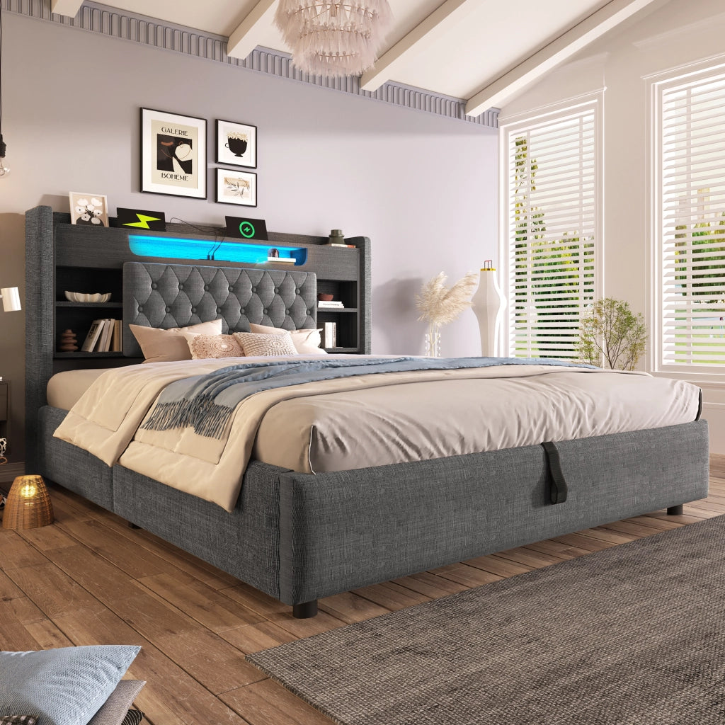 LETTO Contenitore 180x200 cm in lino grigio con LED e porte USB
