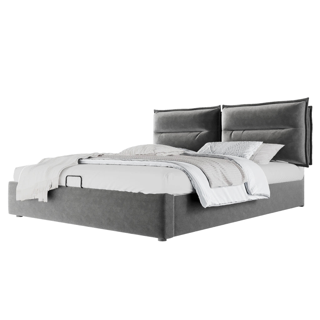 Letto matrimoniale imbottito 140x200 cm con contenitore, testiera regolabile, velluto grigio, senza materasso