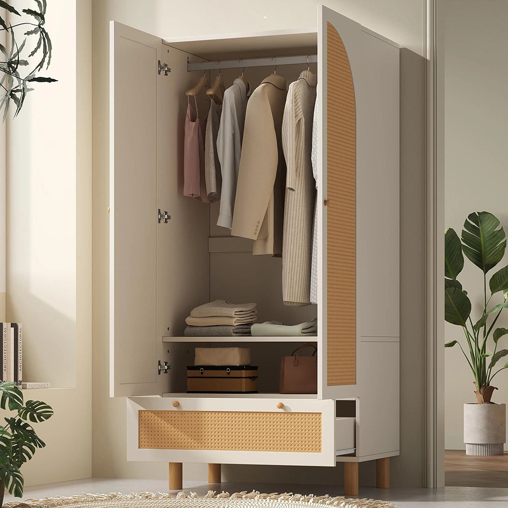 Armadio guardaroba 2 ante con vimini - Xylo - stile cottage, grande cassetto, ripiani regolabili, bianco, 180x85x52 cm