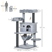 Albero Tiragraffi per Gatti con Palo Casetta Letto Amaca e 2 Giochi in Legno e Peluche Grigio
