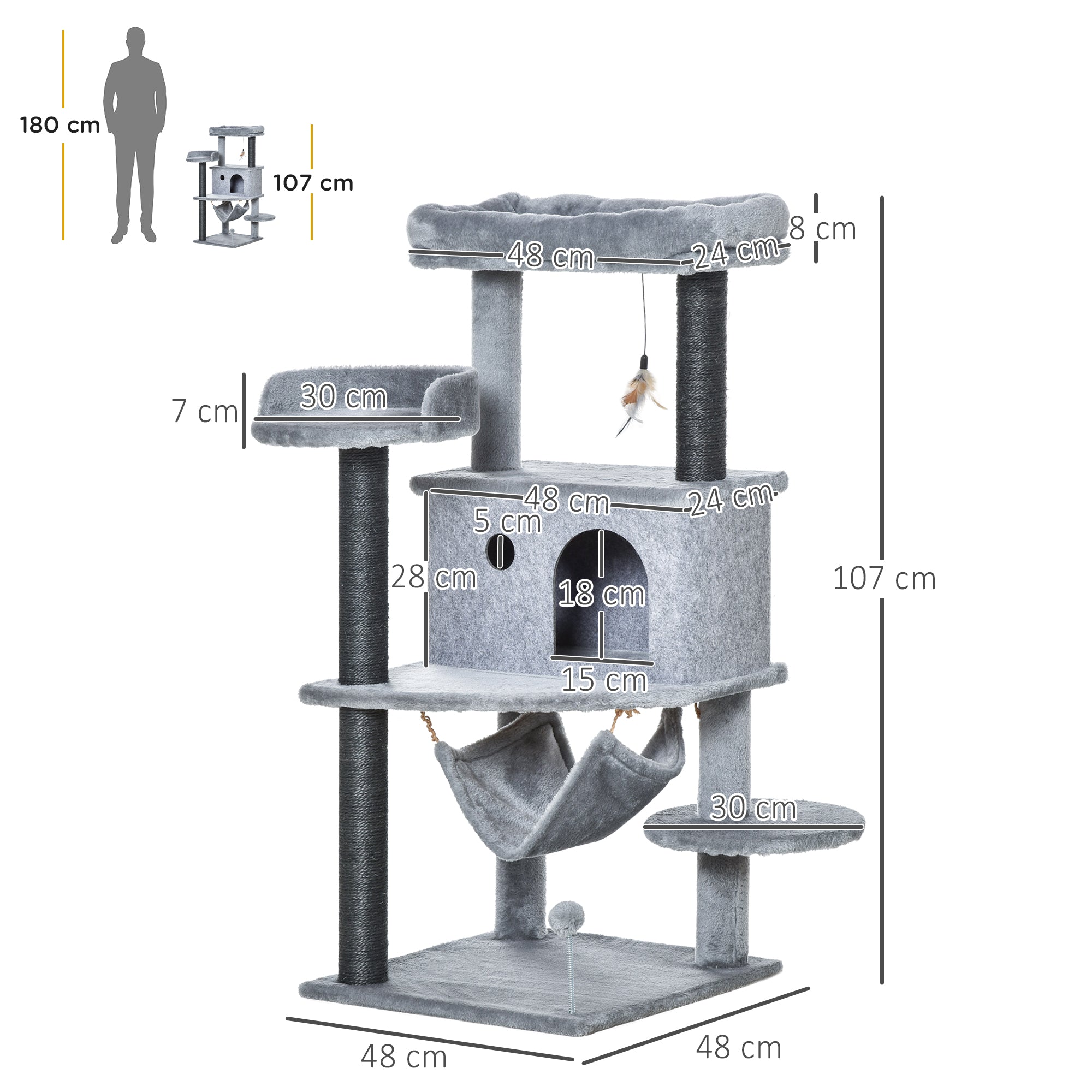 Albero Tiragraffi per Gatti con Palo Casetta Letto Amaca e 2 Giochi in Legno e Peluche Grigio
