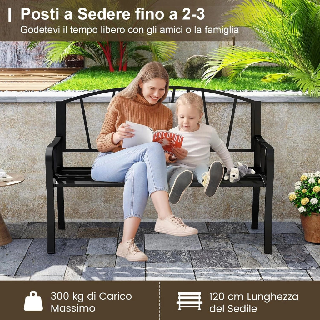 Panchina da Giardino in Metallo da 129 cm, Panchina con Doghe per 2-3 Persone, Loveseat in Stile Parco con Braccioli Curvati, Seduta Resistente per Esterno per Giardino, Piscina, Veranda