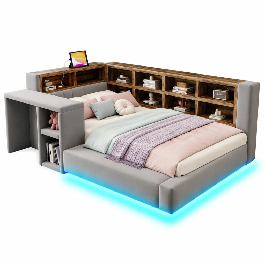 Letto imbottito 90 x 200 cm grigio scuro con LED, prese e vani