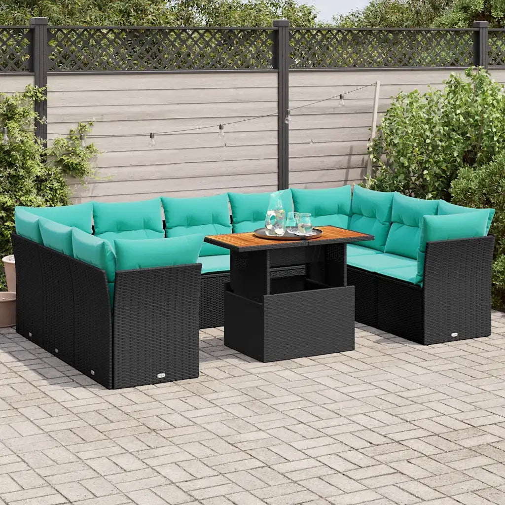 Set Divani da Giardino 10pz con Cuscini in Polyrattan Nero