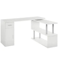 Scrivania Angolare Moderna in Legno con Cassetto, Armadietto e Mensole, Arredamento per Ufficio e Casa, Bianco