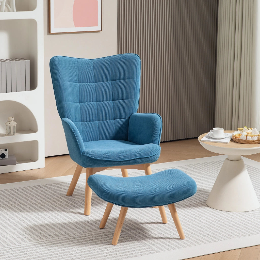 Poltrona Relax con Poggiapiedi in Cord ¨C Zephmum ¨C Blu, Gambe in Legno