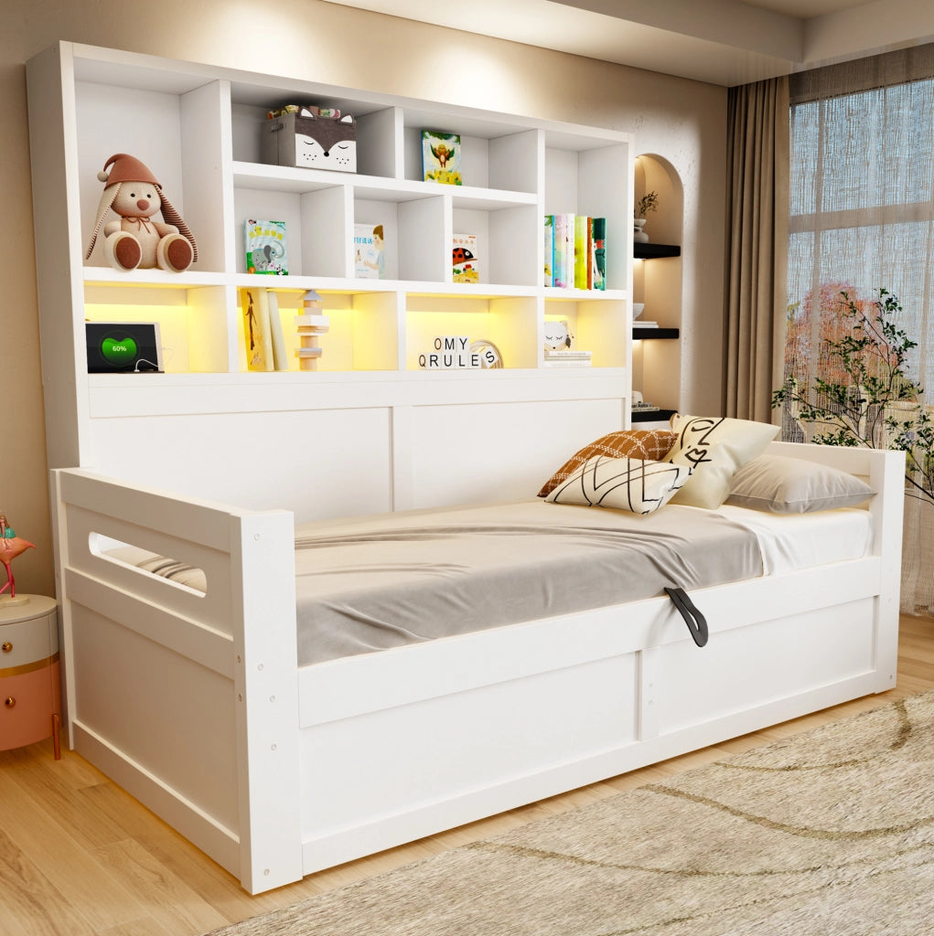 Letto singolo 90x200 cm con vano idraulico; LED e prese; MDF bianco