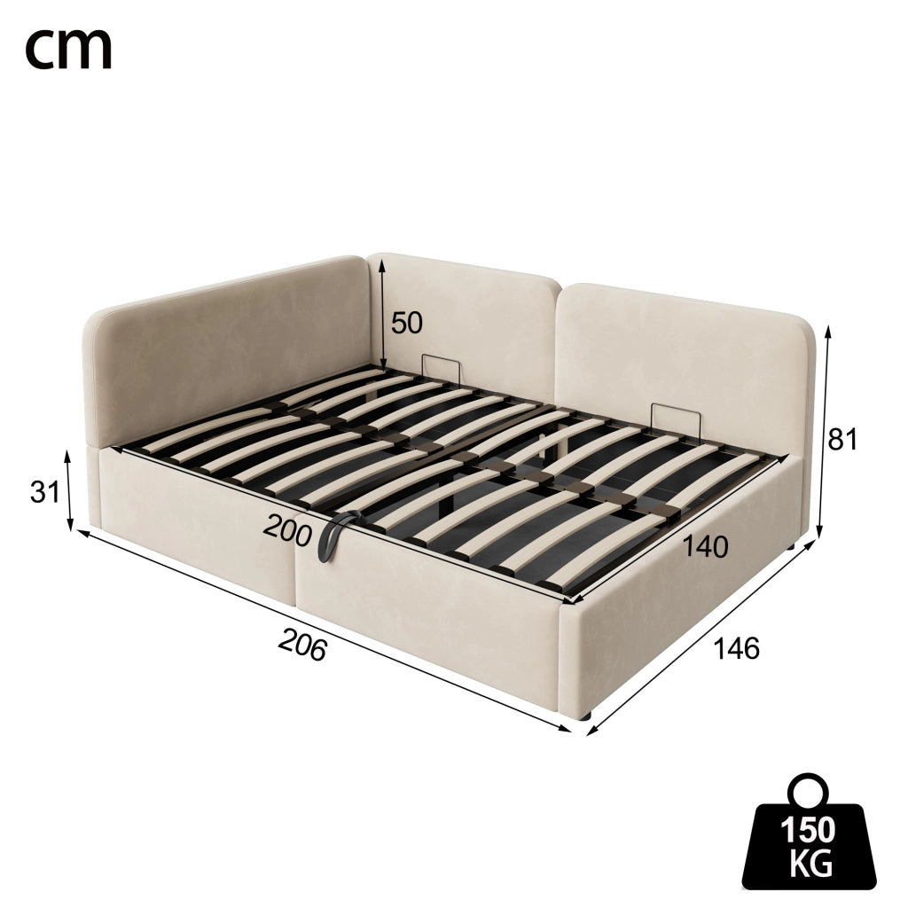 Letto divano imbottito 140x200 con vano contenitore idraulico beige