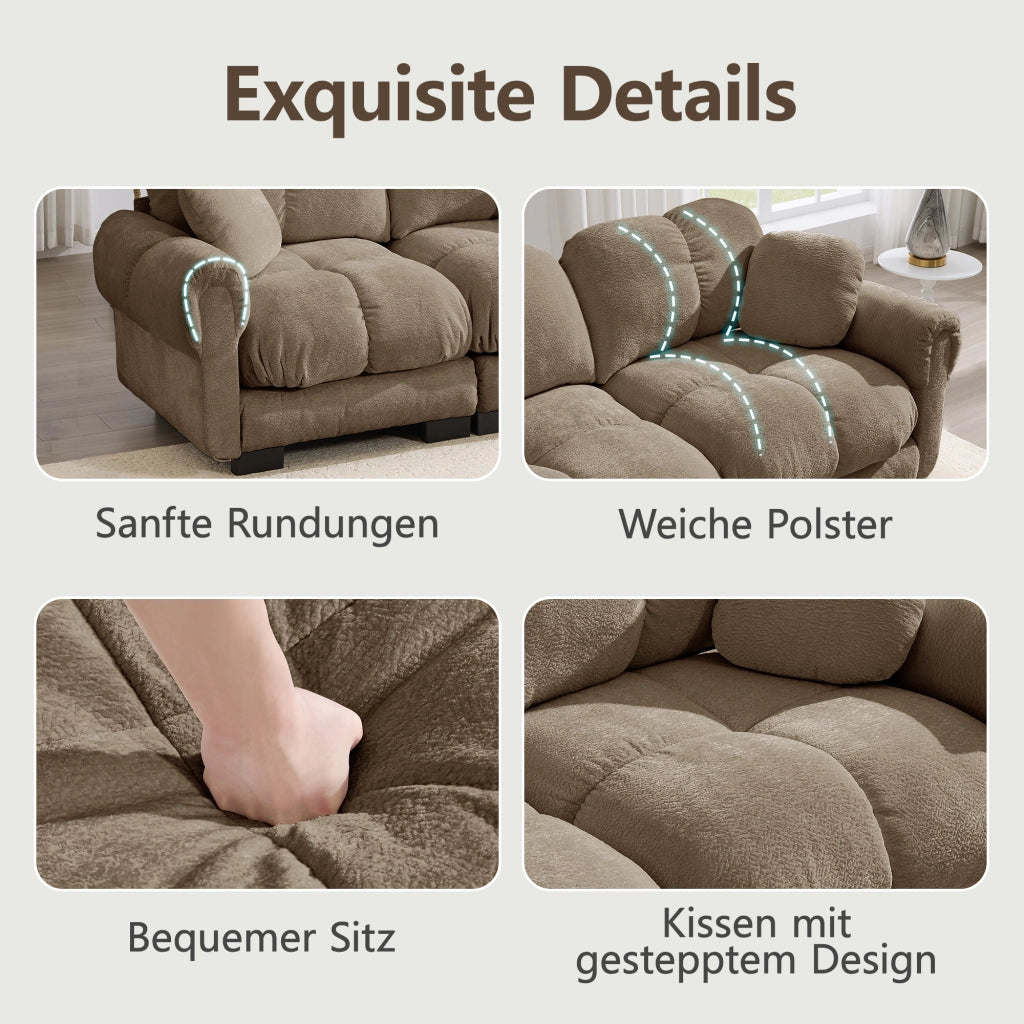 Divano modulare 3 posti con cuscini decorativi e cuciture trapuntate, in chenille marrone 260 × 86 × 90 cm