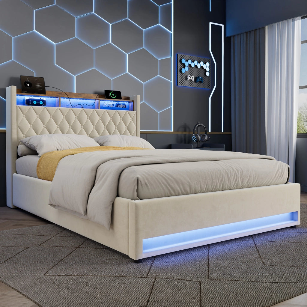 Letto imbottito in velluto beige 140 × 200 cm con rete a doghe e testiera, struttura in mdf e ferro