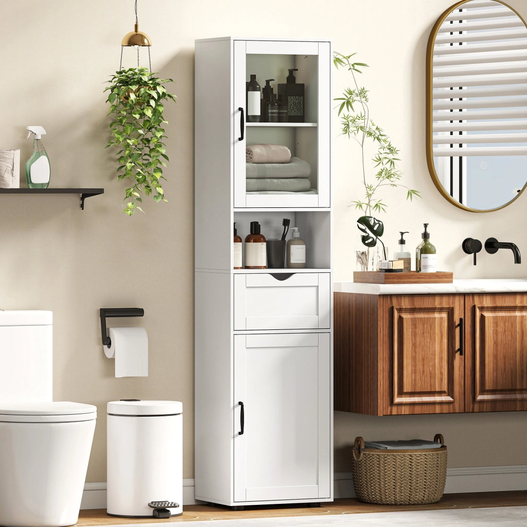 Colonna Bagno in Legno con 2 Armadietti, Cassetto e Ripiano Aperto ¨C zephmum ¨C Bianco 40x30x165 cm