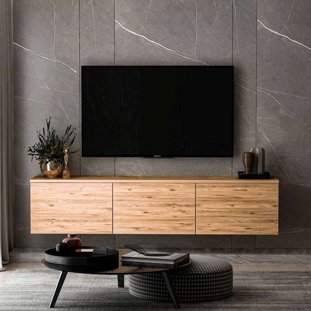 Porta TV sospeso in legno "Neon" con illuminazione LED - 160 x 32 x 35 cm - Marrone chiaro