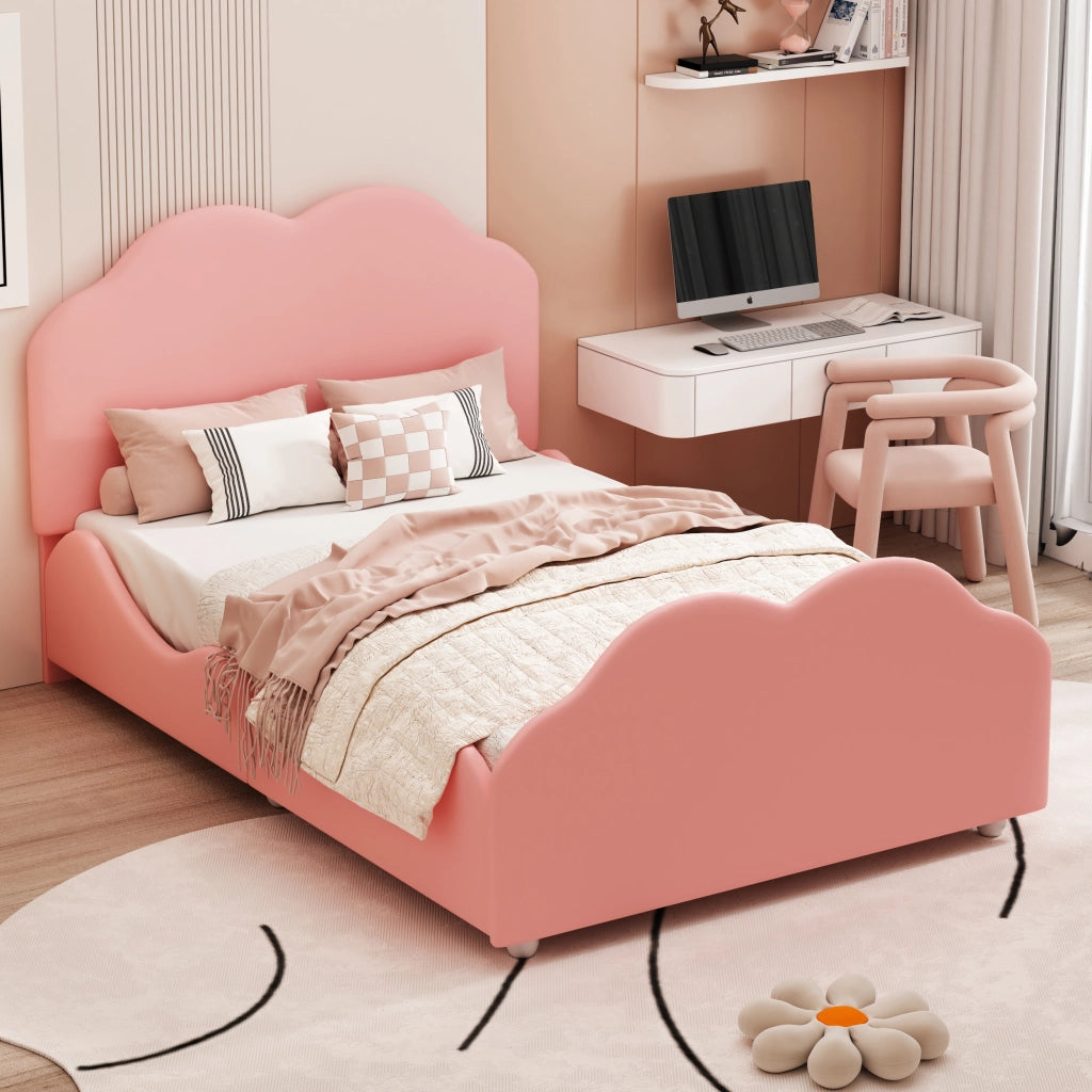 Letto per bambini singolo 90×200 cm in velluto con sponda; struttura in legno; senza materasso; rosa