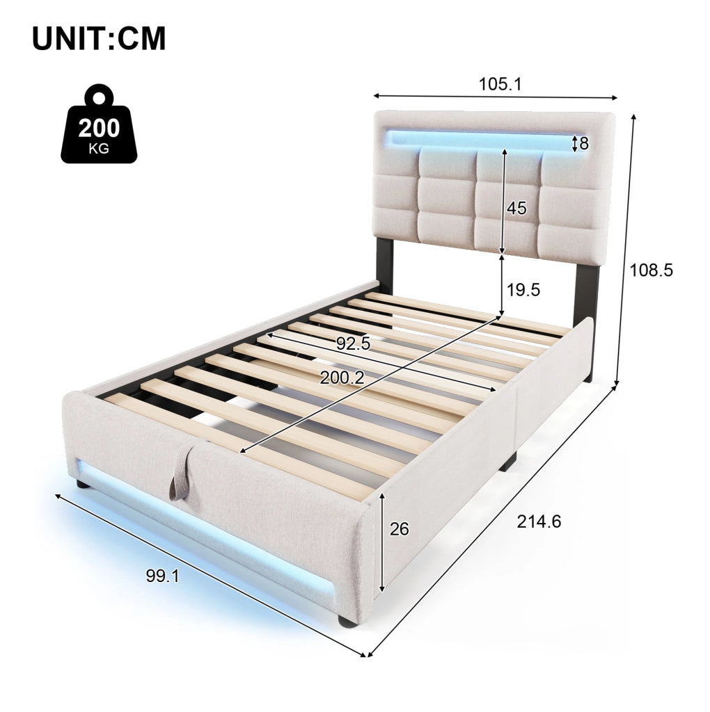 Letto imbottito 90x200 cm con LED APP, USB e contenitore idraulico