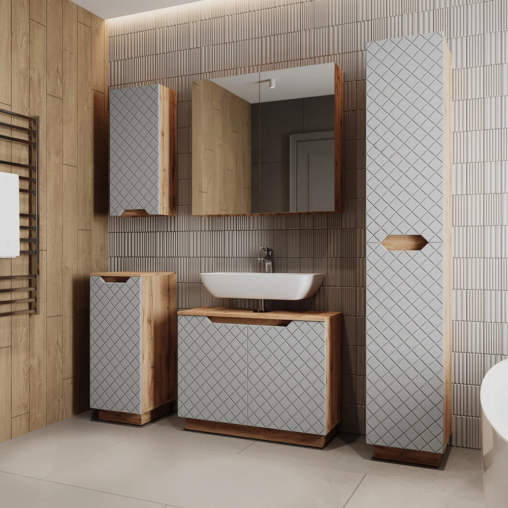Vicco Set di mobili da bagno Rovere/grigio con struttura in piastrelle 5 parti