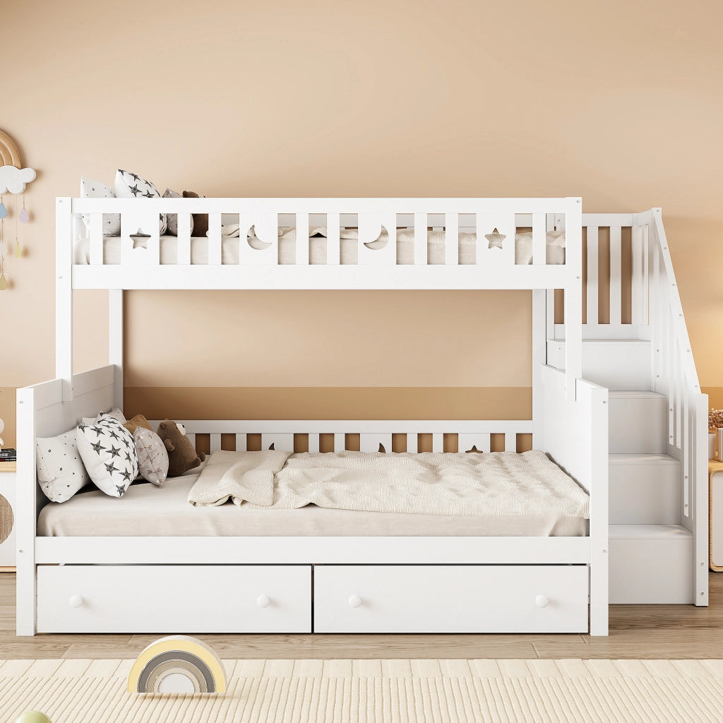 Letto a Castello 90×200 cm e 140×200 cm; Letto 3 Posti con Scala Contenitore e 2 Cassetti; senza Materasso