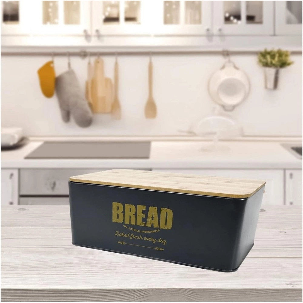 Trade Shop - Contenitore Portapane Vintage Nero Coperchio Tagliere In Legno Latta Alimenti -
