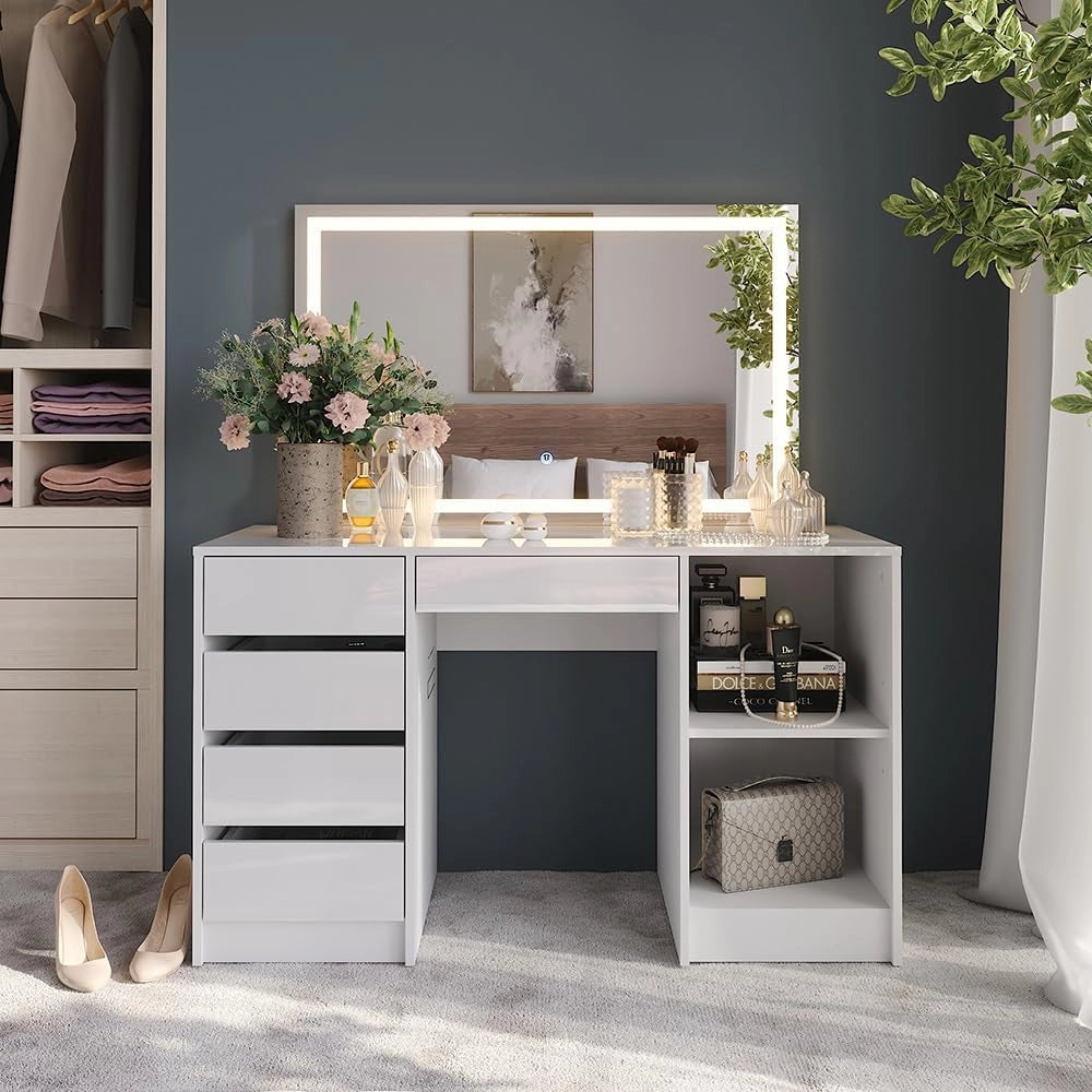 Tavolo da toeletta Sherry, Bianco/bianco lucido, 128.2 cm con specchio LED
