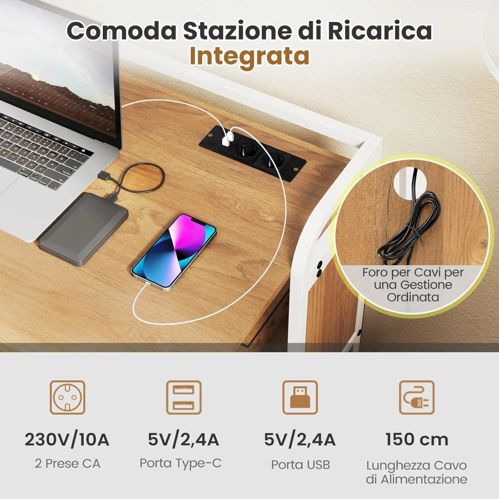 Scrivania Pieghevole con Sgabello, Scrivania Portatile con Scaffale e Stazione di Ricarica, Tavolo da Scrittura con Sedia per Studio e Ufficio (Naturale)