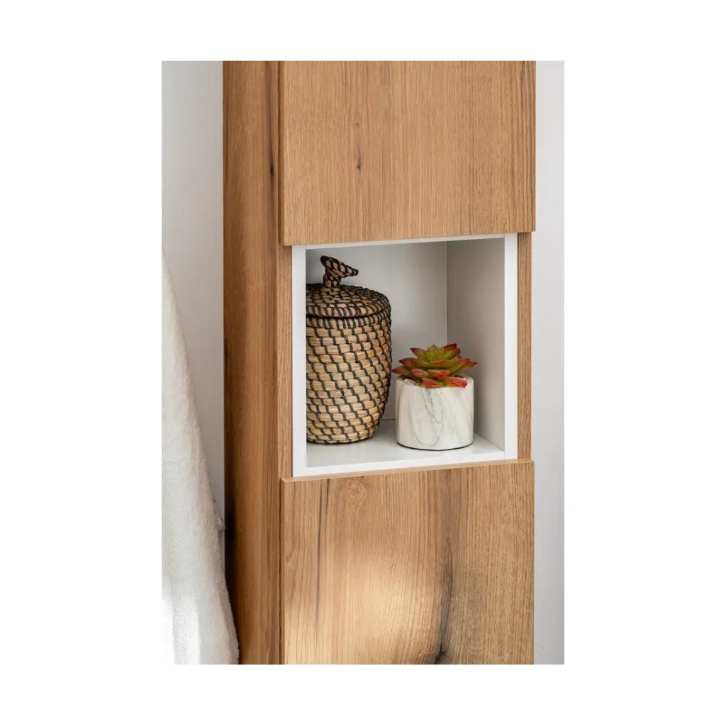 Set da bagno VANO effetto quercia e bianco 110cm: mobili sotto lavabo con cassetti + piano per lavabo + colonna