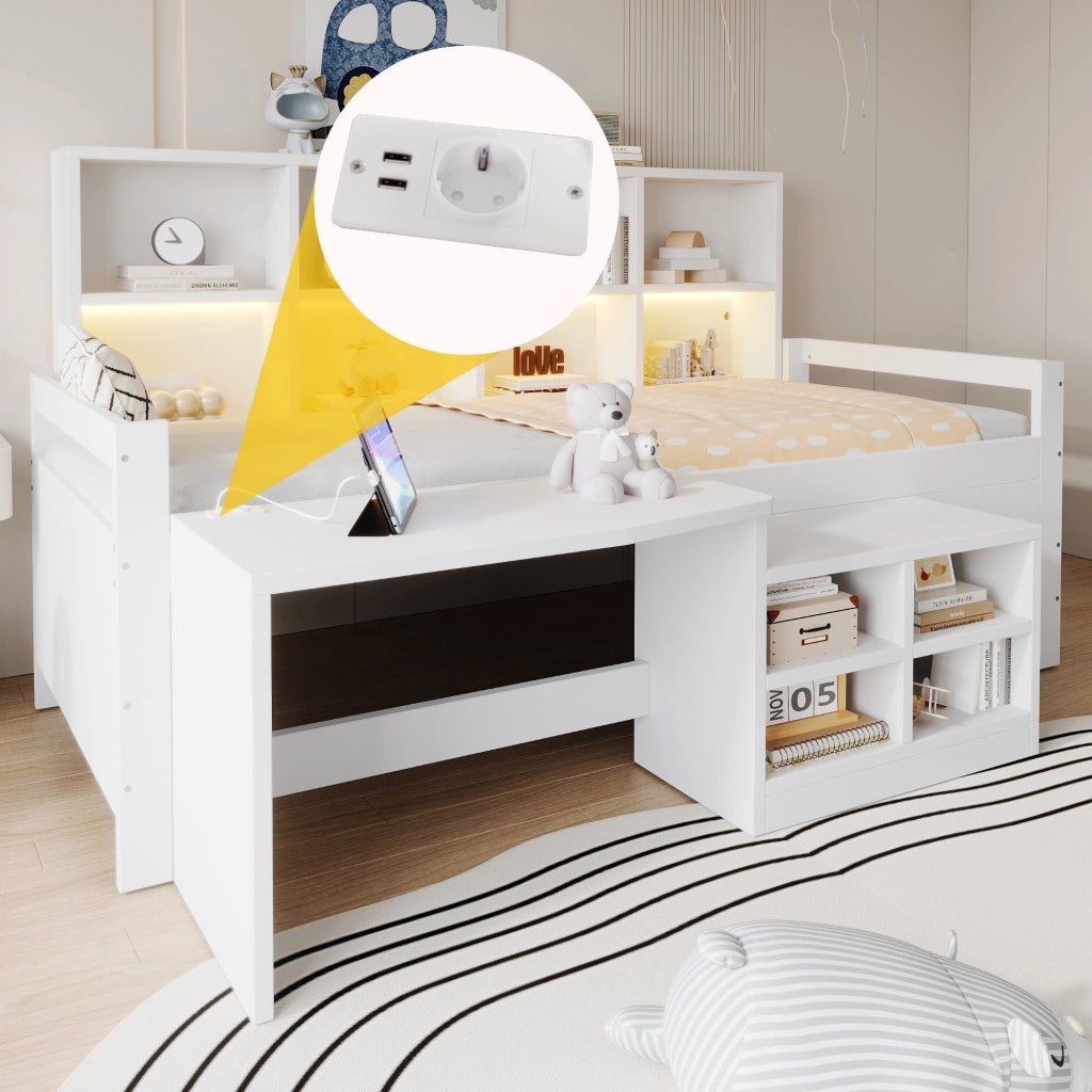 Letto combinato 90×200 cm; letto singolo con scrivania; vani contenitori; LED e prese USB; senza materasso; bianco