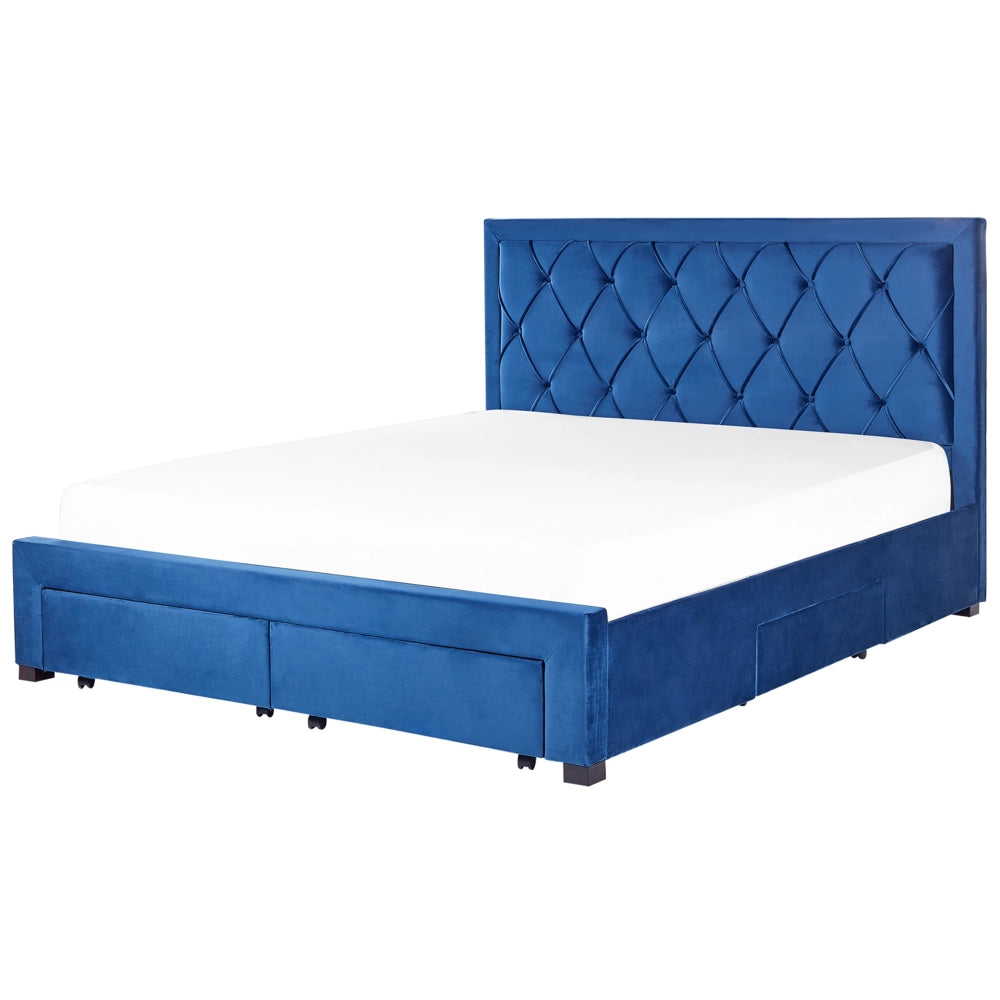 Letto contenitore tappezzeria in velluto blu 180 x 200 cm trapuntato testiera alta cassetti Glam Design