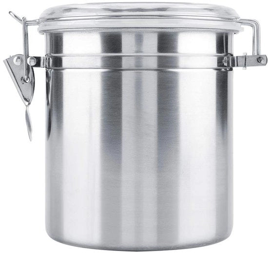 Contenitore per Caffè Grande Capacità - Otre in Acciaio Inossidabile - Chiusura Ermetica/Vacuum - Cassetto di Deposito per Zucchero/Tea/Noci - Coperchio Translucido - Anello di Sigillatura con Silice - Contenitore di Deposito
